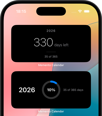 Memento widgets showing days left and a circular year progress indicator