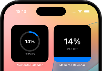 Small Memento widgets showing monthly progress and days remaining